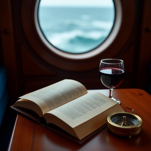 Ein offenes Buch und ein Glas Wein auf einem Schiffstisch